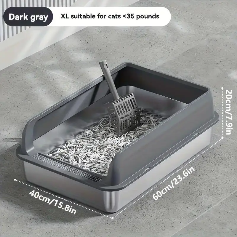Stainless Steel Cat Litter Box - XXL Enclosed High-Sided Metal Pan, Odor-Resistant, Leak-Proof, Easy Clean for Multiple Cats, Includes Scoop, Stainless Steel Litter Box