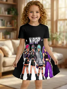 K-Pop Cool Girl Group Girls' Dress, Cartoon Print, Asymmetrical Hem Design, Short Sleeve, Fitted Silhouette, Knee Length, Casual Style