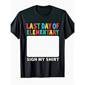 [100% Cotton] 100% Cotton Men's Last Day of Elementary "Sign My Shirt" Back to School Funny Short Sleeve Crew Neck T-Shirt - Casual Comfortable Tee with Signature Signing Panel for Teachers & Classmates, Spring Summer Fall Daily Wear for school Events & C