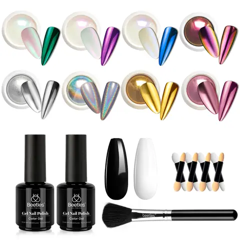Beetles 8-Color Smooth Cosmetic Gel Polish Nail Kit - Mirror Finish, Chrome Gold, Metallic Powders, Holographic Glitter, Acrylic Manicure Supplies, DIY Nail Art Decoration, UV/LED Lamp Curing, Women's Beauty Gift with Brush