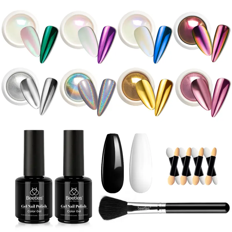 Beetles 8-Color Smooth Cosmetic Gel Polish Nail Kit - Mirror Finish, Chrome Gold, Metallic Powders, Holographic Glitter, Acrylic Manicure Supplies, DIY Nail Art Decoration, UV/LED Lamp Curing, Women's Beauty Gift with Brush