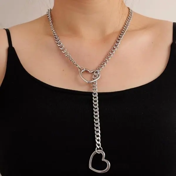 Hearts Slip Chain Necklace Punk Rock Style Heart Choker Adjustable Cuba Long Chain for Couples,Gf,Bf Submission Jewelry for Alternative Women & Men Goth Girl Chain Collor Necklace Alternative Collar Necklace with Pull Chain Unique Design Easy To Wear