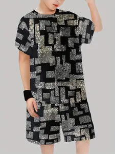 Boys' Geometric Maze Print Set, Casual Fitted Short Sleeve Top & Shorts, Summer Breathable Quick-Dry for Outdoor Sports