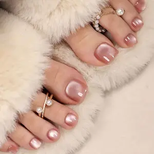 24pcs Bare Aurora Cat Eye Toe Nail Stickers, Simple Solid Short Wearable Nails, Removable False Toenails with Jelly Glue, Glossy False Nails, Perfect for Parties and Daily Use