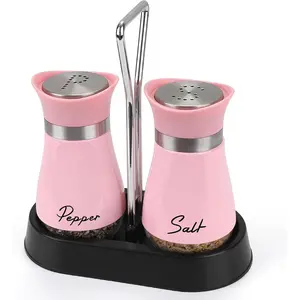 Salt and Pepper Shakers Set with Holder, 4 oz Stainless Steel Salt Pepper Shaker Containers with Glass Bottom for Kitchen Cooking, BBQ, Bar, Table, RV, Camp