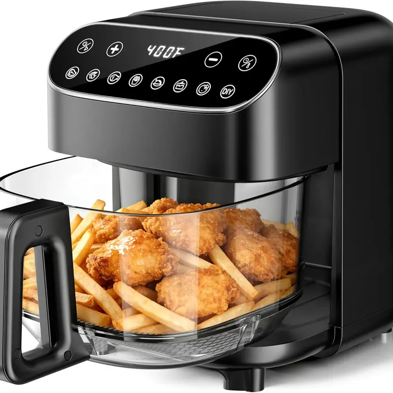 Kismile 5-Quart Non-Toxic Glass Air Fryer - Chicken Fryer for Family, 304 Stainless Steel Rack, Cool-Touch Handle, 360° Full-View Cooking Window, 8 Preset Modes, Adjustable Temperature & Timer, Flip Remind, Touchscreen, Less Oil Crisping