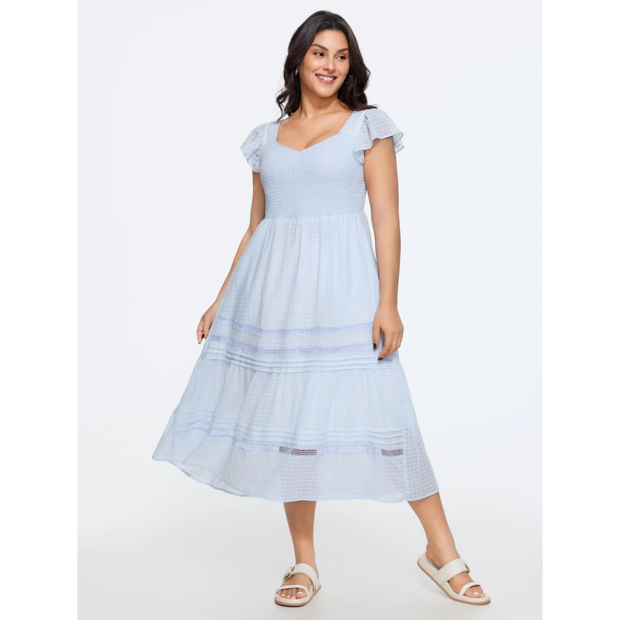 BloomChic Women's Plus Size Casual Plaid Cotton Midi Dress with a Smocked Bodice, Flutter Sleeves, and Lace Trim, Light, Smooth, Garment, Fabric, Curvy Dresses Plus Size, Cap Sleeve