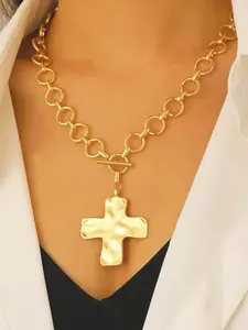Vintage Simple Hammered Cross Pendant Necklace, 14k Gold Plated Copper Chain, Heavy Chain Jewelry for Women Daily Wear & Parties