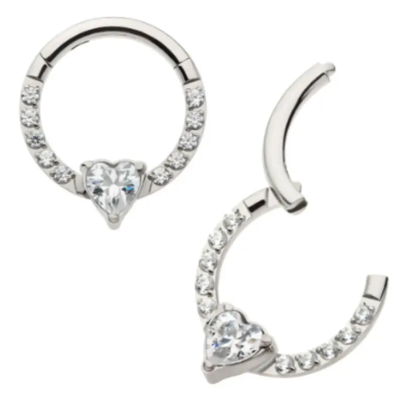 Invictus Clear CZ Heart Center 16G Titanium Hinged Hoop