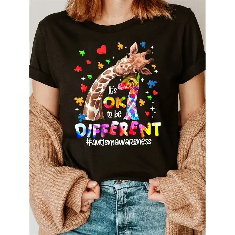 Women's Casual Tops, Round Neck Graphic T-Shirt with Autism Awareness Giraffe Puzzle Print in a Soft Stretchy Cotton Fabric, Moisture-Wicking, Shortsleeve, Thanksgiving, Athletic, Printed, Easter, Valentines Day, Giraffe Print