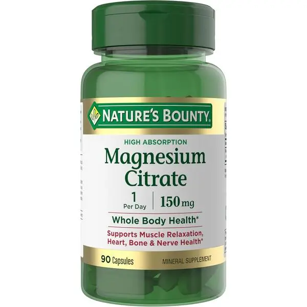 Nature’s Bounty Magnesium Citrate, High Absorption Magnesium Supplement for Whole Body Health with 150 mg Magnesium, Vegetarian, Gluten Free, 90 Capsules