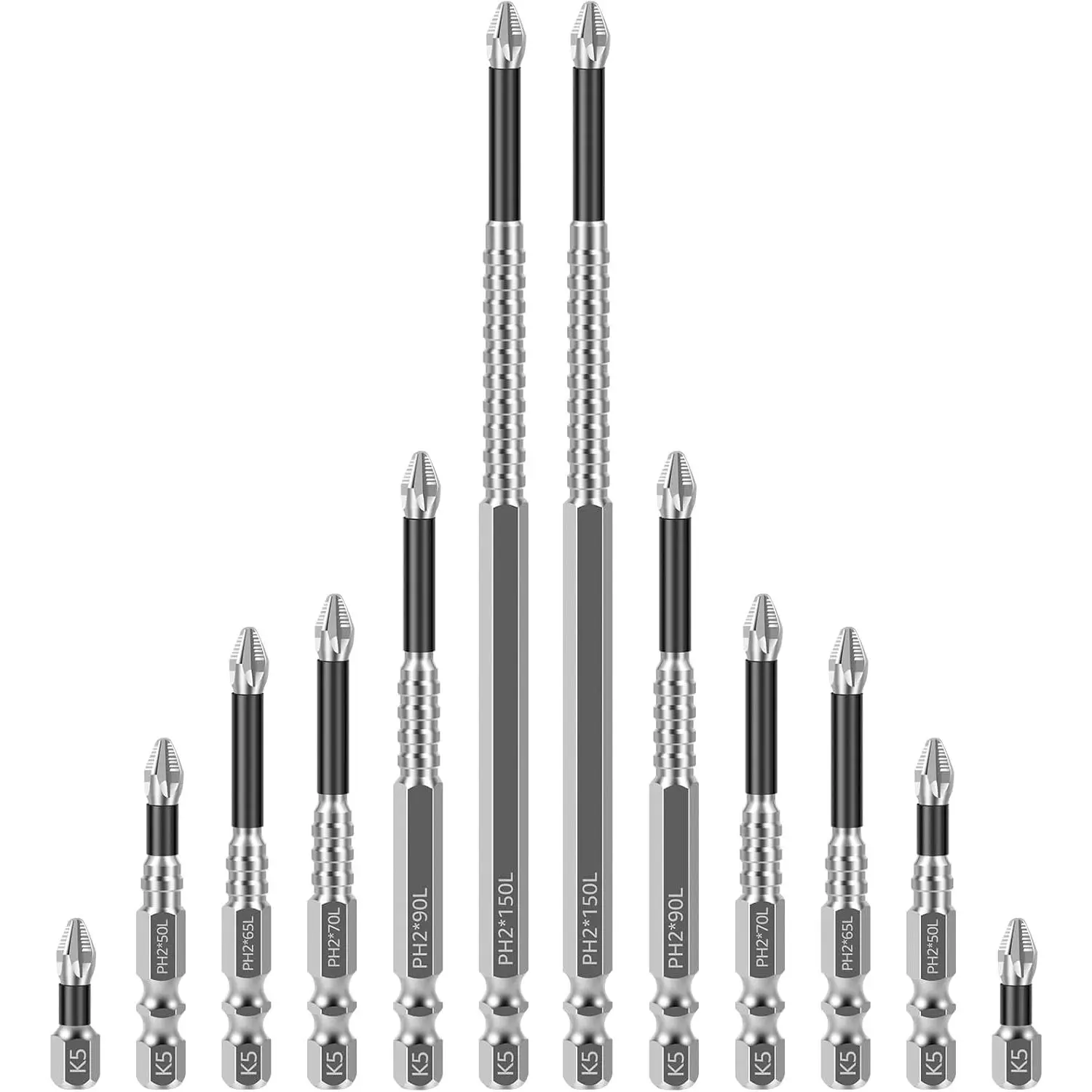 K5 Alloy High-Screwdriver Bit Set, 12Pcs Bits, Non-Teeth Screwdriver Bit Set, Long for Drills, 1+2+2.6+2.8+3.5+6in