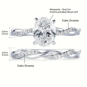 Aria Jewels Main Stone Moissanite - Oval 7x9mm, Main Stone 2ct 1 Set 925 Sterling Silver Women's Ring Set 2ct Main Stone Moissanite Wedding Band Women's Wedding Band Set Engagement Wedding Ring Twisted Arm Twisted Ring 2pcs Set