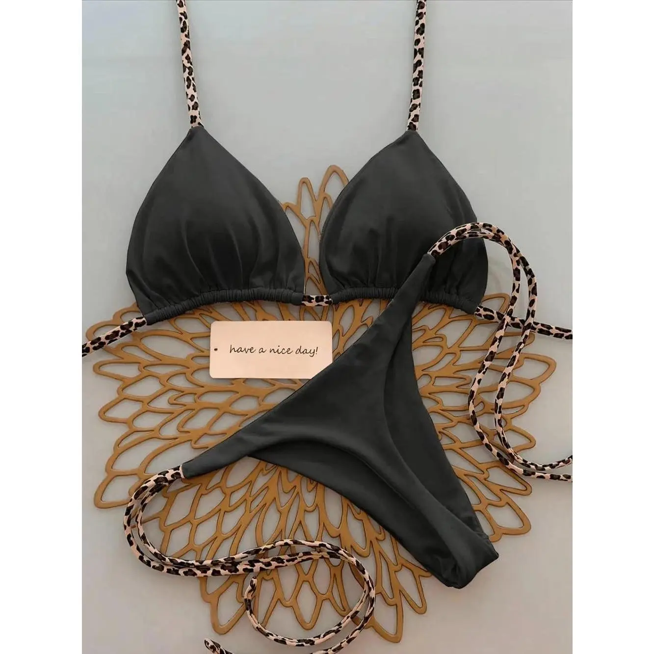 Women's Sexy Solid Halter Bikini Set Lace-Up Low Waist Two-Piece Triangle Thong Swimwear Leopard Tie On Side Brazilian Biquinis