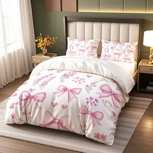 Sweet Girl Style Bedding Set, Bow Heart Print, 3-Piece (1 Fitted Sheet + 2 Pillowcases), Soft Comfort, Princess Room Decor, Soft Bedding Sets