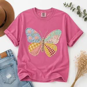 ( FAUX PATCHWORK-PRINT ) Comfort Colors Faux Patchwork Butterfly T-Shirt, Spring Butterfly Shirts, Shirts for Women, Floral Spring Patchwork - TrendWear USA