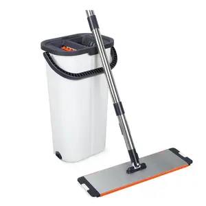 Washable Flat Mop and Bucket Set with Wringer, 2-Chamber Wet and Dry Cleaning System, Aluminum Mop Head with Adjustable Handle, Includes 3 Reusable Microfiber Pads, 16 Inch