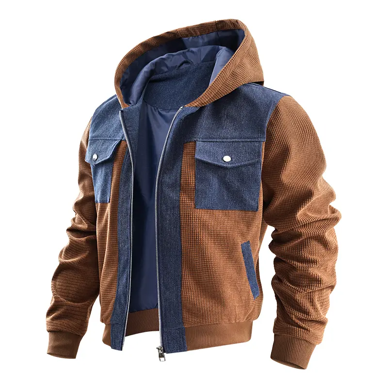 Men’s waffle-knit denim patchwork hooded bomber jacket with contrast color, zip closure, cargo pockets, retro street style coat