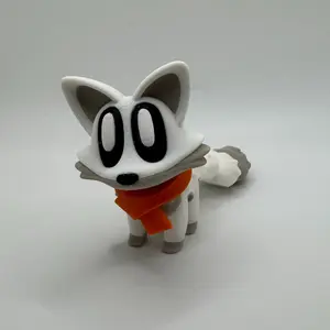 3D-Printed Articulated Snow Fox with Orange Scarf - Poseable, Cute Desk Decor, Handmade Figurine Designed by Blob Lab