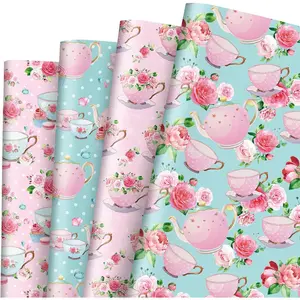 8 Sheet  Party Wrapping Paper -Not Roll- Watercolor  Floral Teapot  Wrap Paper Folded Flat Art Papers for Spring DIY Crafts  Wrapping