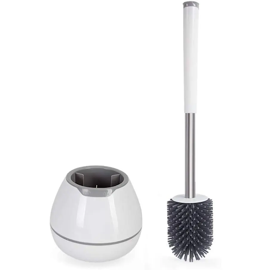 White Silicone Toilet Brush and Holder Set - Home Bathroom Cleaning Kit with Aluminum Handle and Tweezers