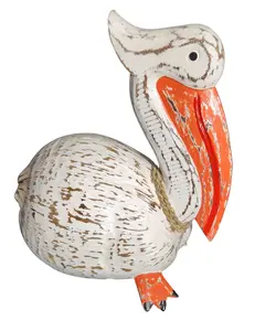 WorldBazzar Hand Carved COCONUT PELICAN Table Top Art Carving Sculpture Ocean Sea Nautical 3D Coastal Island Tropical Decor