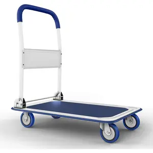 Heavy Duty Foldable Push Cart Dolly |   330 lbs. Capacity |   Upgraded Collapsible Hand Truck Folding Platform with Swivel Wheels |   Flat Bed Moving Wagon |   Space Saving Push Handle (Blue)