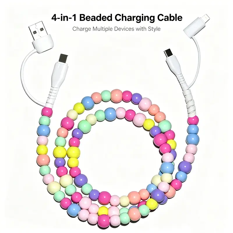 Beaded Charging Cords 4-in-1 USB- & Lightning Cable for All Devices Compact Travel Friendly USB- c& Lightning Compatible Beaded Design for Versatile new  charger pearl adapter solution long data type c data sync cable aesthetic car accessories