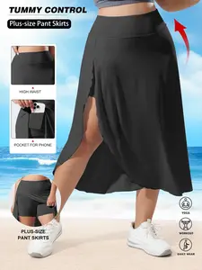 Women's Plus Size High Waist Split Skirt Pants with Shorts and Pockets, Tummy Control Skort, Elastic Fashion Solid Color Design, Outdoor Vacation Style