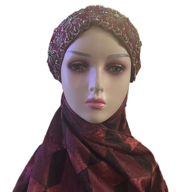 African Women's Hat and Scarves - Stylish Burgundy Beaded Turban with Matching Plaid Scarf for Elegant Outfits
