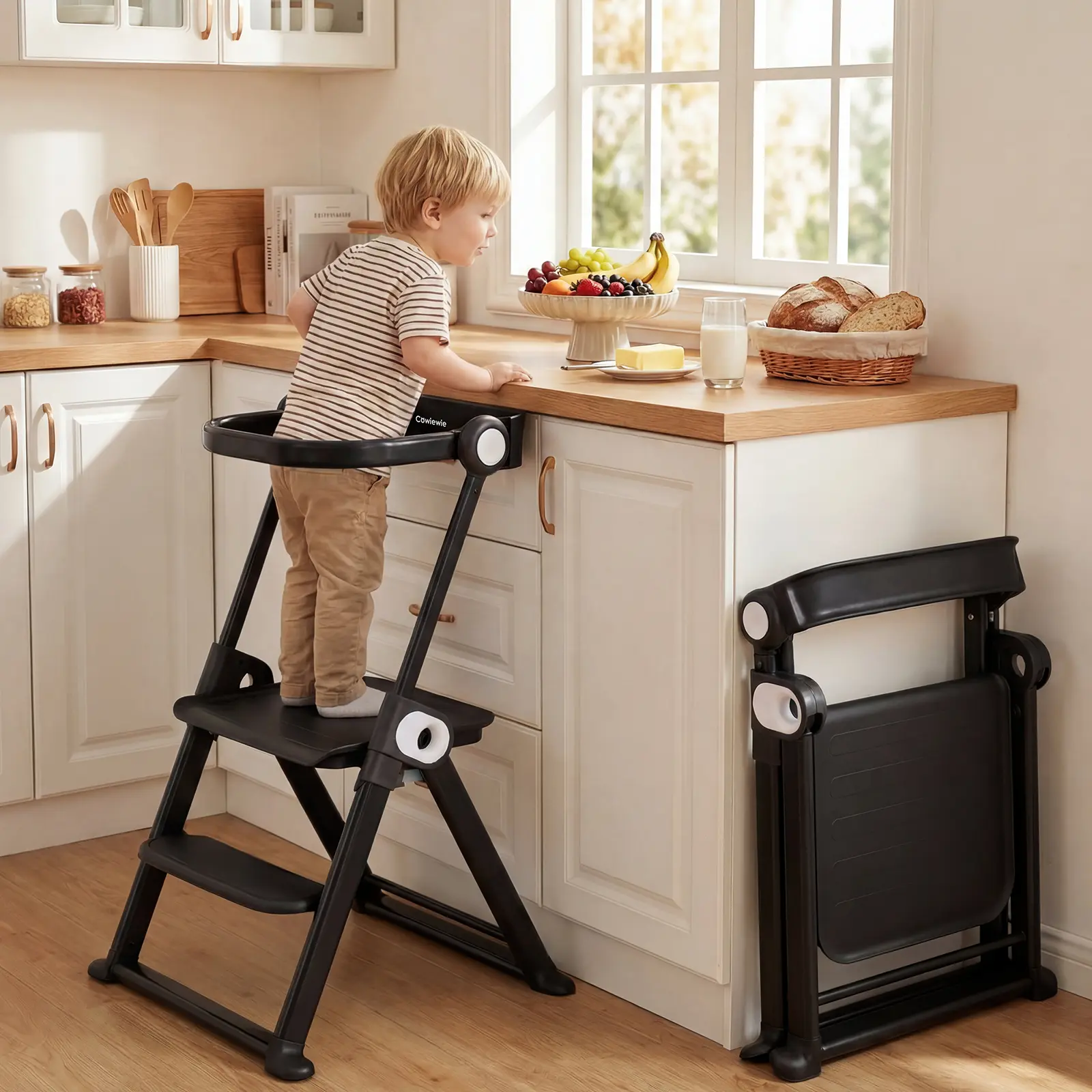 Cowiewie Toddler Tower, Foldable Adjustable Kitchen Step Stool, Montessori Learning Helper for Sink & Counter, Ages 18 Months to 4 Years, CPC Certified, Black