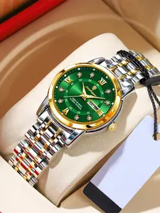 Women's Elegant Rhinestone Decor Round Dial Watch, Modern Waterproof Watch, 30M Waterproof Luminous Watch with Date Display Function for Women, Trendy All-match Accessories for Gift with Box