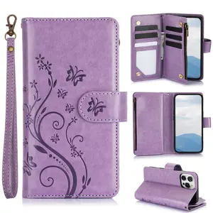Butterfly Pattern PU Leather Phone Case with Card Slot, 1 Count Phone Case with Wrist Strap & Stand, Phone Accessories for iPhone 16