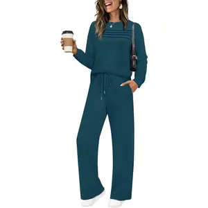 Women’s Two-Piece Set — Sweatshirt, Casual Travel Outfit, Lounge Wear, Wide-Leg Tracksuit, Cozy Sweatsuit, Fashion 2025 Clothing, Women’s Wear, Long Sleeve, Army Green, Basic Fitted, Minimalist Style, Trendy Everyday Twist