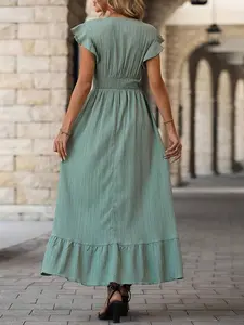 Sage Green Ruffle Sleeve V-Neck Smocked Waist Tiered Maxi Dress Boho Beach Casual Sundress for Summer - Fabric