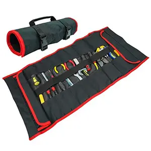 MELOTOUGH Heavy Duty Tradesman Pro Tool Pouch Roll with 32 Pockets & 10 Socket Holders for Electricians, Portable Waxed Canvas Roll, Red Tool Bag Roll, Work Accessories & Tool Storage Organizer