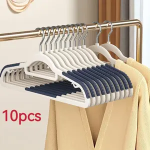 10pcs/20pcs Semicircle Flocked Hangers, Velvet Non-Slip Clothes Hangers, Durable Home Dorm Closet Organizer, No Bump Shoulder Arc Curve