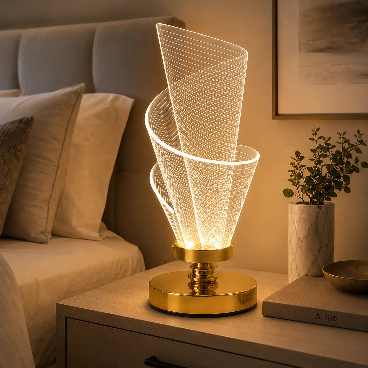 Modern Spiral LED Table Lamp, USB Rechargeable Cordless Desk Light with 3 Lighting Modes, Premium Acrylic Ambient Night Lamp for Bedroom, Living Room, Home Decor, Aesthetic Dorm Essentials & Gift Ideas