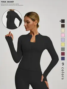 Women's Plain Thumb Hole Long Sleeve Stand Collar Jacket, High Elasticity Slim Fit, Lightweight Breathable, Ideal for Daily Wear, Running, Yoga, Lightweight Sports Jacket, Yoga Jacket Top