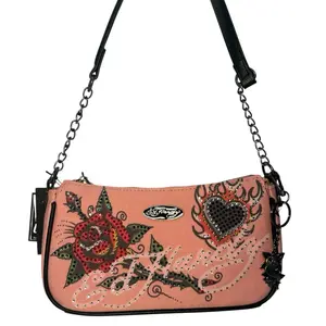 Ed Hardy Y2K Pink Studded Rose Flame Heart Shoulder Bag NWT