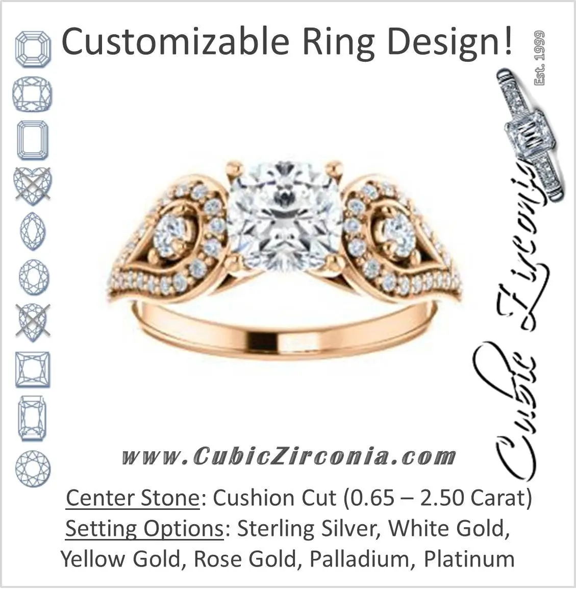 Cubic Zirconia Engagement Ring- The Tonya Laverne (Customizable Cushion Cut Design with Winged Split-Pavé Band)