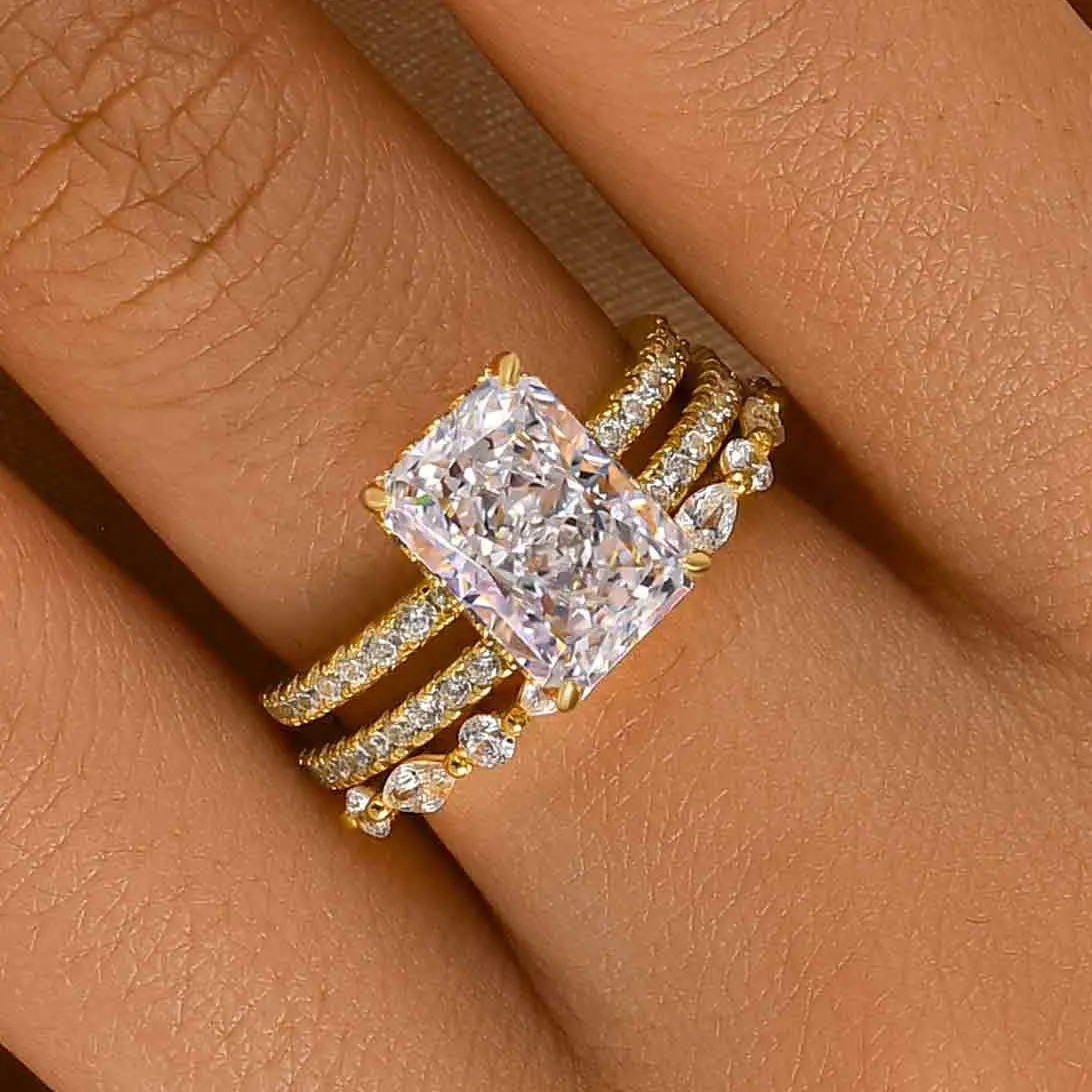 Effinny Elegant 3.5ct Radiant Cut 3PC Silver Wedding Ring Set, 5A Cubic Zirconia Promise Band for Women, Bridal Anniversary Jewelry Accessory