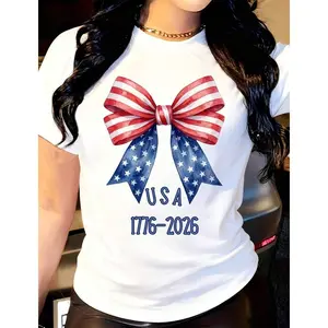 Women's T-Shirt American Flag Bow Design With Stars And Stripes Casual Crew Neck Short Sleeve,  Suitable For Everyday Outdoors, Perfect For All Season Wear