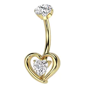Gold PVD Enveloped Heart Clear CZ Titanium Internally Threaded Belly Button Ring