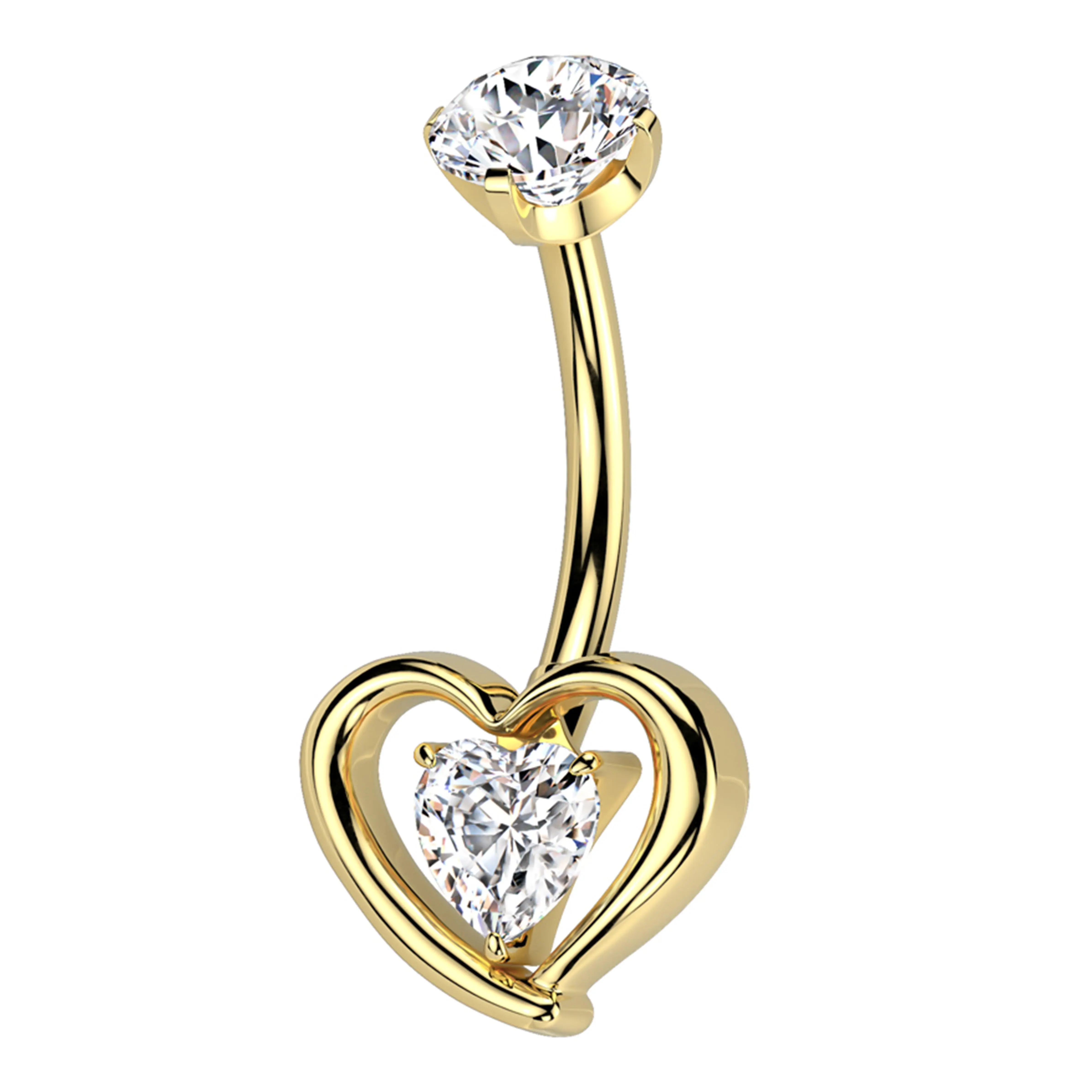 Gold PVD Enveloped Heart Clear CZ Titanium Internally Threaded Belly Button Ring