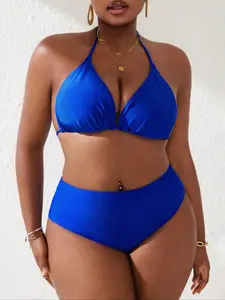 Royal Blue High Neck Two-Piece Plus Size Swimsuit, Solid Ruched Bikini, Slimming Cover-Up, Vacation Hot Spring Beach Essential, Sexy Women's Swimwear, Ruched Bikini Bottoms