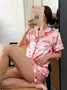 Women's Heart Cloud Silk Satin Sleepwear Set, Casual Loose Fit Short Sleeve Pajamas, Comfortable All-Season Home Wear
