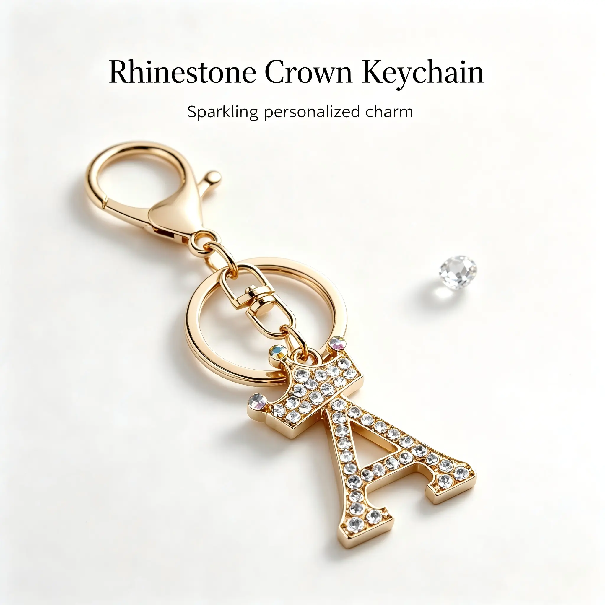 Gold Rhinestone Crown A-Z Letter Keychain - Cute Sparkling Costume Jewelry Charm, Keychains for Women, Ideal Accessory for Handbag, Car Key, Mother's Day & Birthday Gift