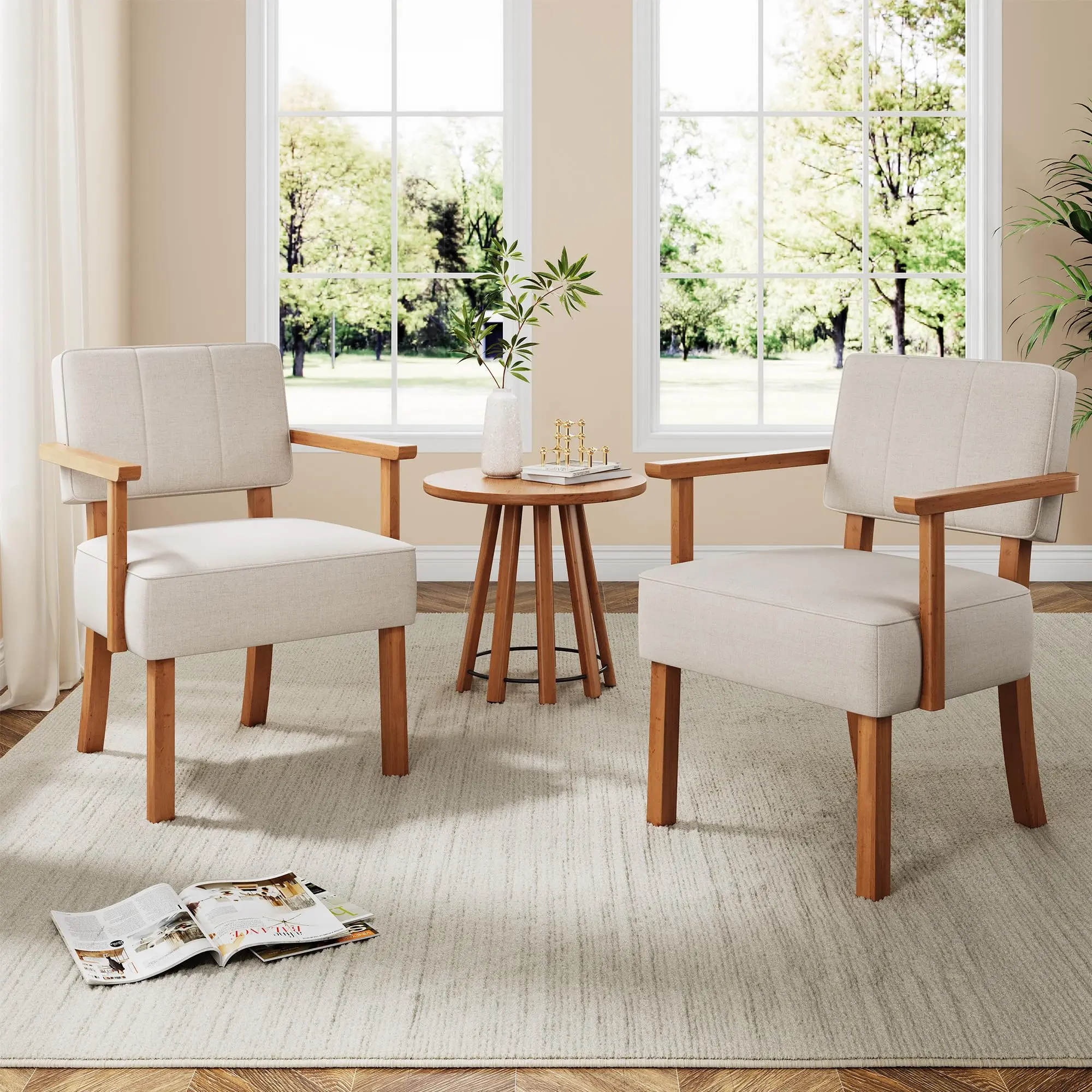 Garvee Mid Century Modern Accent Chair for Living Room, Linen Fabric Modern Upholstered Living Room Chair, Cozy Armchair Comfy Retro Bedroom Side Chair with Wood Frame,Cream