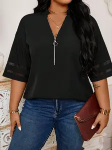 Women's Plus Size Summer New T-Shirt, Half Sleeve Loose Fit V Neck, Casual Plain Design with Zipper, Regular Clothing Type